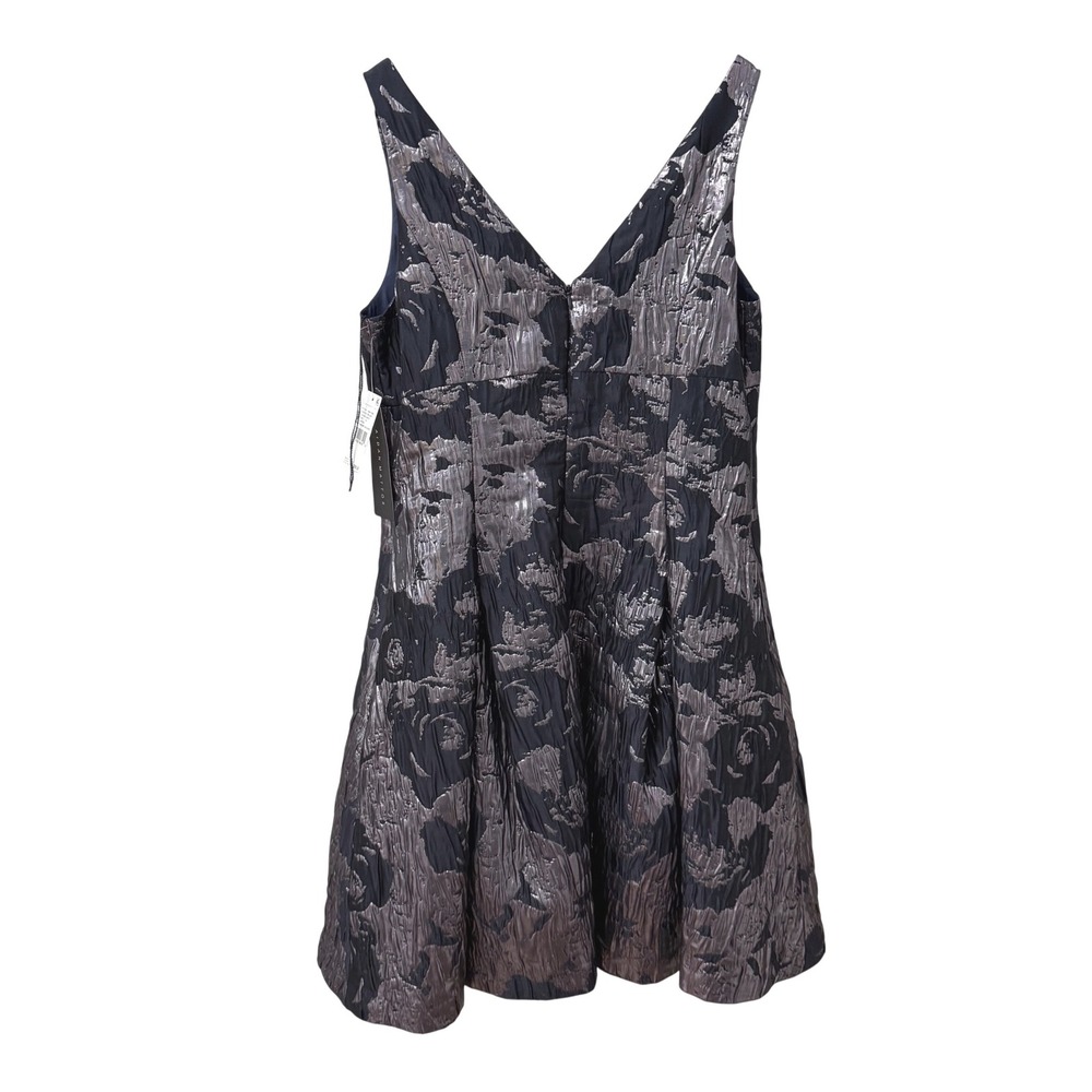 Aidan Mattox Cocktail Dress 12 Navy Metallic Floral Jacquard V-Neck Sleeveless